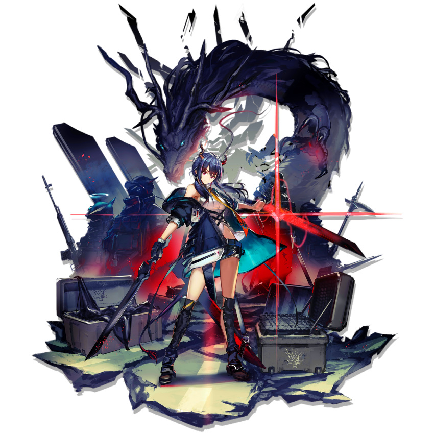 1girl arknights assault_rifle bangs black_footwear black_shorts blue_hair boots breasts ch'en_(arknights) character_name closed_mouth collared_shirt dragon dragon_girl dragon_horns dragon_tail dual_wielding elite_ii_(arknights) eyebrows_visible_through_hair fingerless_gloves floating_hair full_body glint gloves gun hair_between_eyes highres holding holding_sword holding_weapon horns jacket long_hair looking_at_viewer medium_breasts multicolored_neckwear multiple_others multiple_swords name_tag necktie official_art ponytail red_eyes rifle shin_guards shirt shorts sidelocks sleeveless sleeveless_shirt smile solo sword tachi-e tail transparent_background walkie-talkie weapon weapon_case white_shirt wind wind_lift yui_(niikyouzou)
