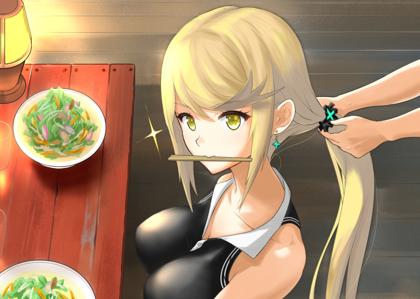1boy 1girl alternate_costume artist_request bangs blonde_hair blush breasts dolling60883582 dollinger earrings food hands mythra_(xenoblade) jewelry lamp large_breasts long_hair looking_at_viewer plate ponytail shirt swept_bangs table xenoblade_(series) xenoblade_2 yellow_eyes