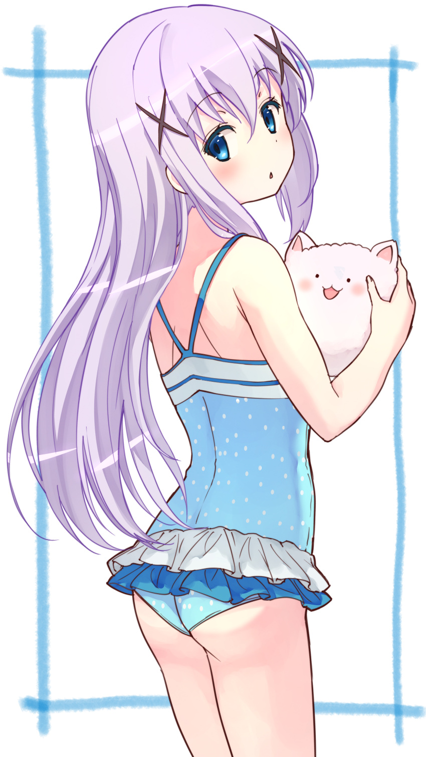 1girl absurdres angora_rabbit animal ass bangs bare_arms bare_shoulders blue_eyes blue_swimsuit blush casual_one-piece_swimsuit eyebrows_visible_through_hair fingernails frilled_swimsuit frills gochuumon_wa_usagi_desu_ka? hair_between_eyes hair_ornament highres holding holding_animal kafuu_chino long_hair looking_at_viewer looking_back nyama one-piece_swimsuit parted_lips polka_dot polka_dot_swimsuit purple_hair rabbit sidelocks swimsuit tippy_(gochiusa) very_long_hair x_hair_ornament