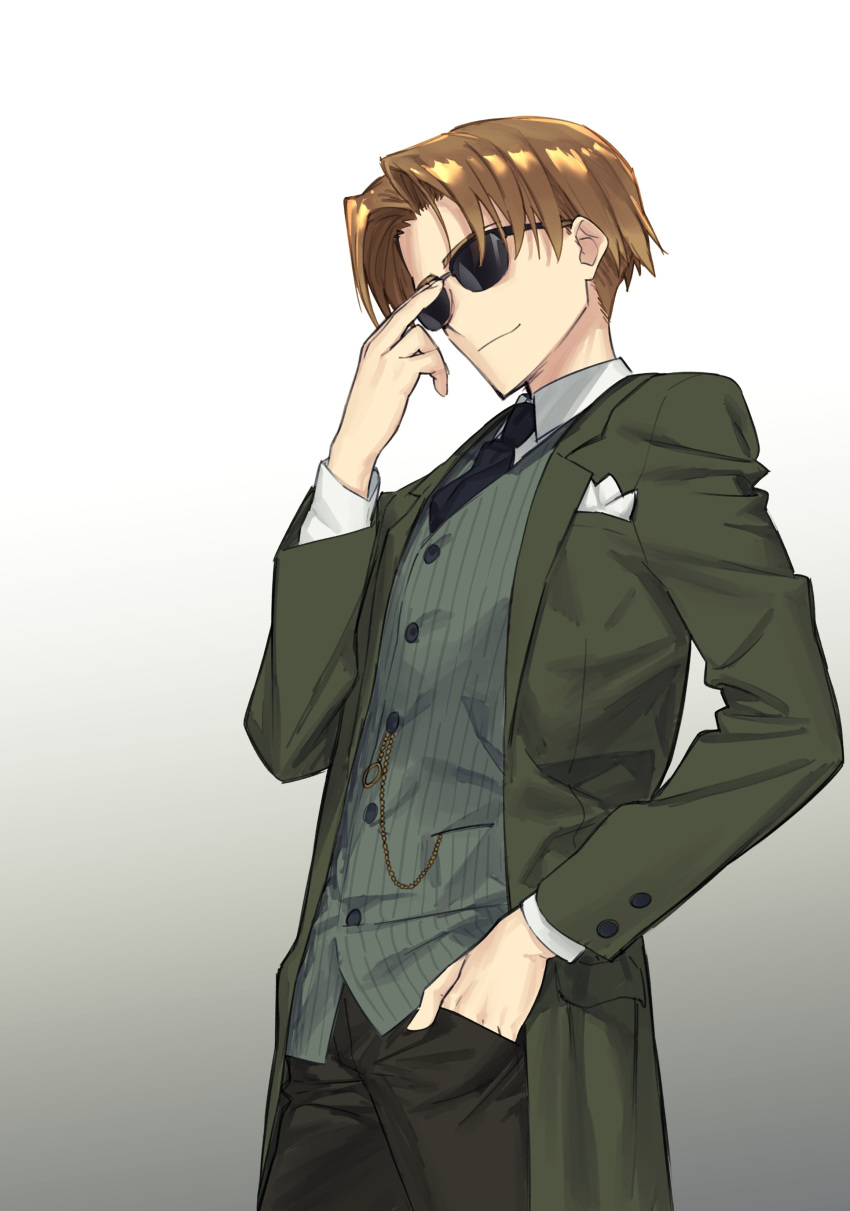 1boy absurdres adjusting_eyewear black_pants brown_hair closed_mouth cowboy_shot fate/grand_order fate_(series) green_jacket grey_background hair_intakes hand_in_pocket highres ikezawa_shin jacket koha-ace male_focus maxwell's_demon_(fate) pants pinstripe_pattern simple_background solo striped sunglasses