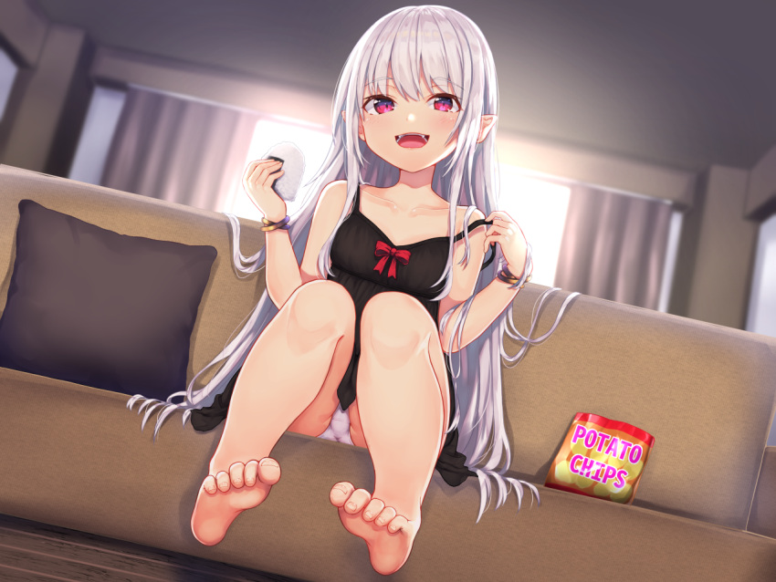 1girl :d bangs bare_legs barefoot blush bow chemise chips collarbone commentary_request couch dutch_angle eyebrows_visible_through_hair fangs food hands_up holding holding_food indoors long_hair looking_at_viewer onigiri open_mouth original panties pantyshot pantyshot_(sitting) pillow pink_eyes pointy_ears potato_chips red_bow sidelocks silver_hair sitting smile solo spaghetti_strap strap_slip underwear very_long_hair white_panties wowoguni