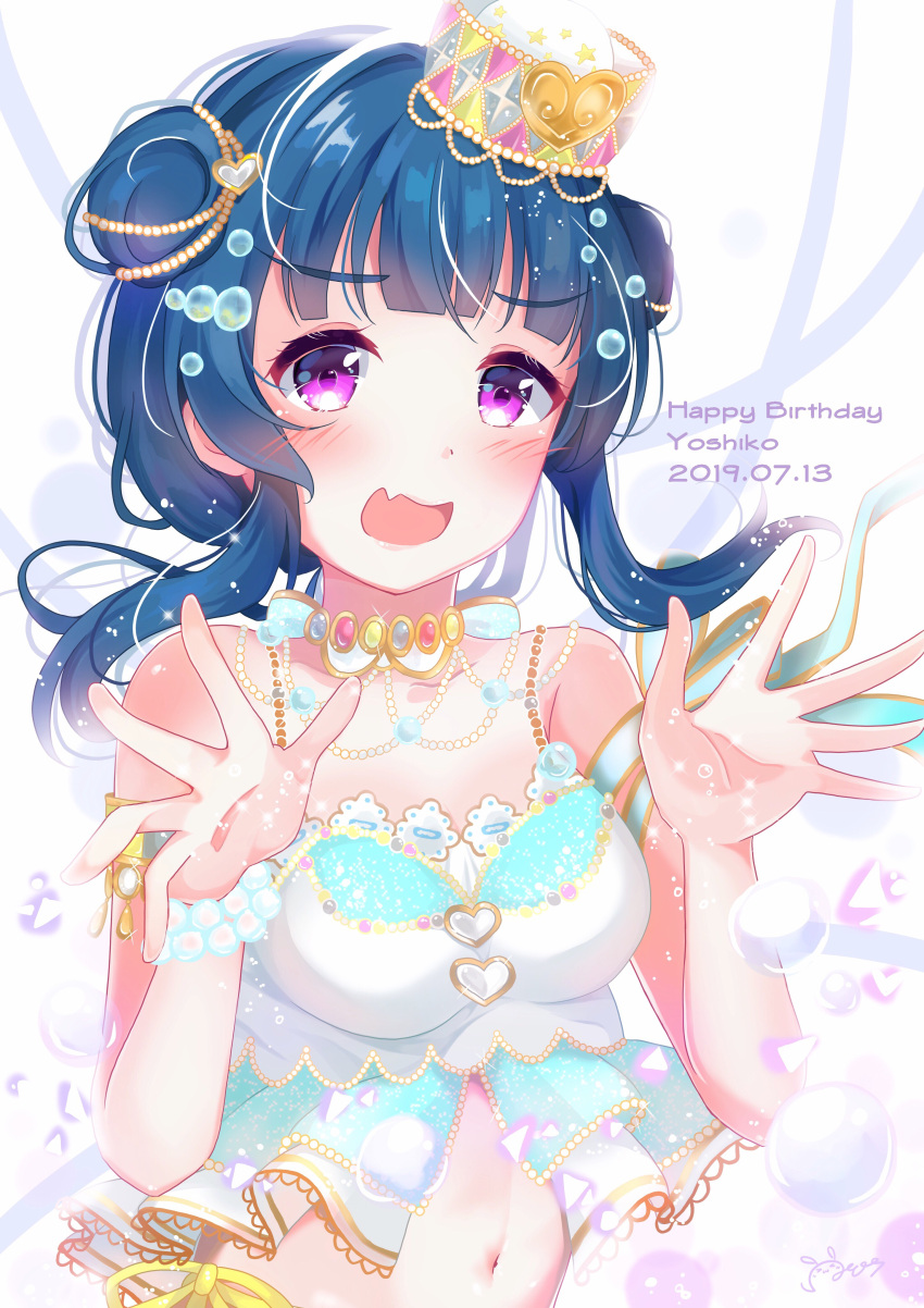 1girl absurdres bangs birthday blue_hair blush bracelet breasts character_name commentary dated depe double_bun embarrassed english_text eyebrows_visible_through_hair hair_ornament happy_birthday hat highres jewelry love_live! love_live!_sunshine!! medium_breasts navel pink_eyes sidelocks signature solo tsushima_yoshiko