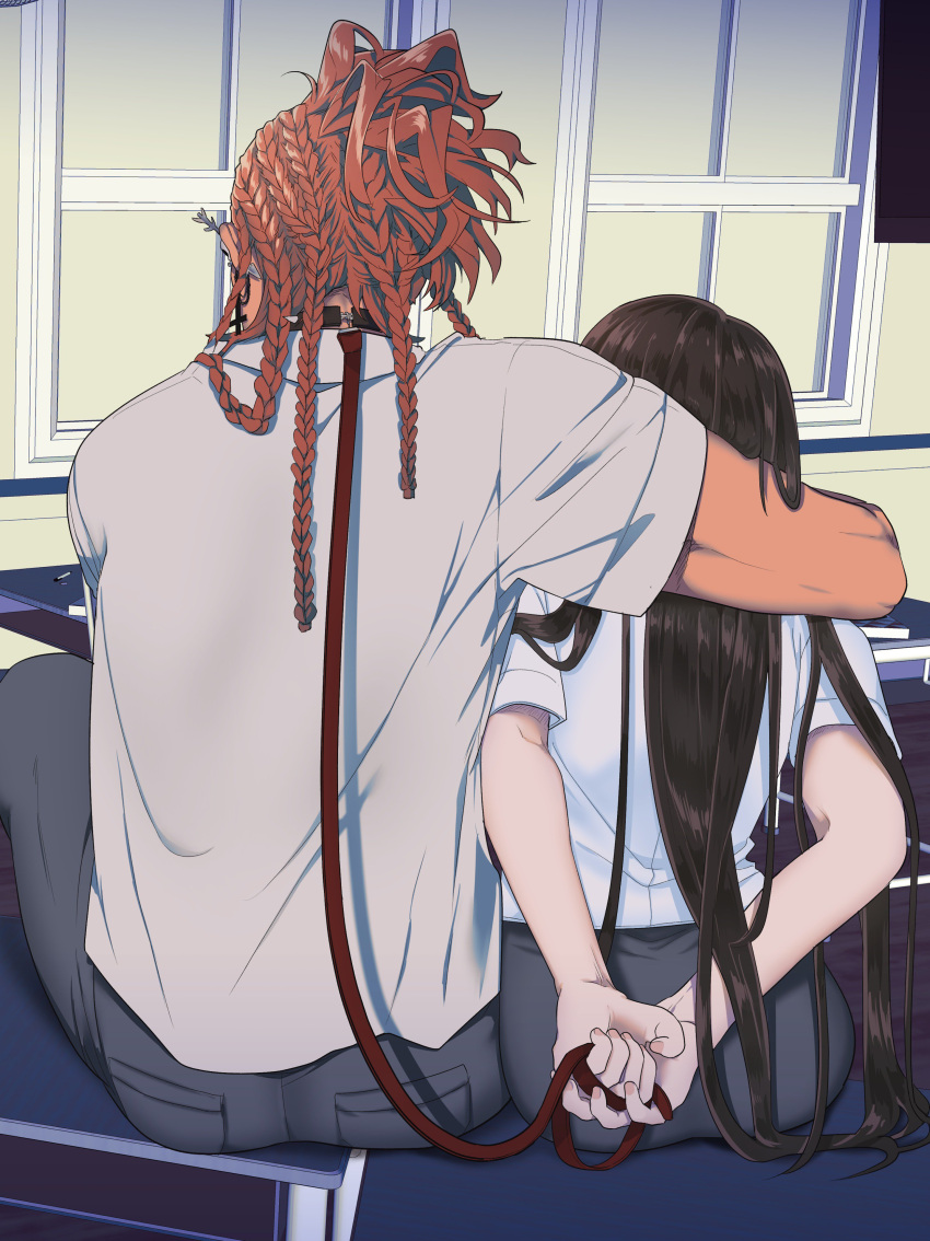 1boy 1girl absurdres arms_around_neck chair classroom collar desk hairlocs highres indoors leash long_hair mmmbcnn on_desk school_desk school_uniform shirt sitting sitting_on_desk skirt white_shirt window