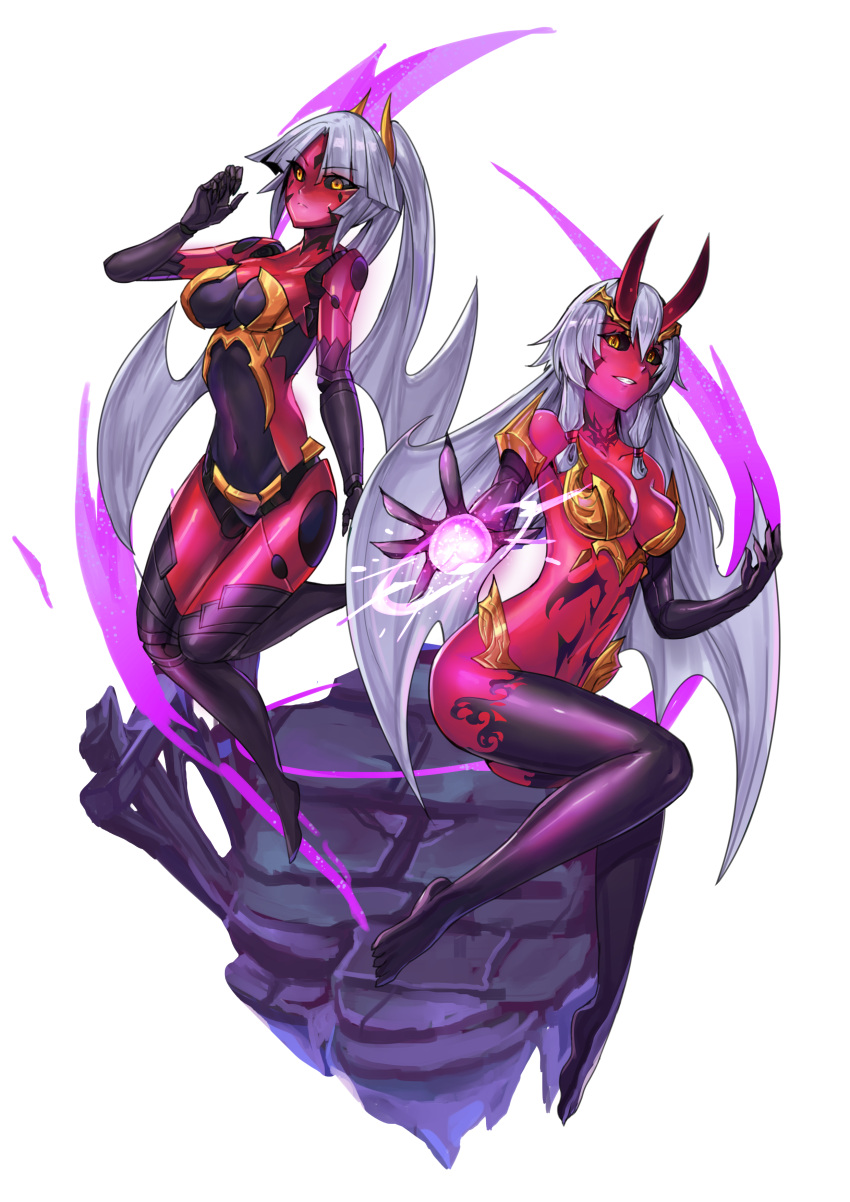 2girls absurdres android barefoot black_sclera black_skin dark_persona demon demon_girl demon_horns eyebrows_visible_through_hair eyes_visible_through_hair facial_mark fate/grand_order fate_(series) grin hair_between_eyes hair_wings highres horns ibenz009 katou_danzou_(fate/grand_order) long_hair looking_at_viewer magic multicolored multicolored_skin multiple_girls navel ponytail red_skin robot_joints rubble smile tomoe_gozen_(fate/grand_order) transparent_background white_hair yellow_eyes