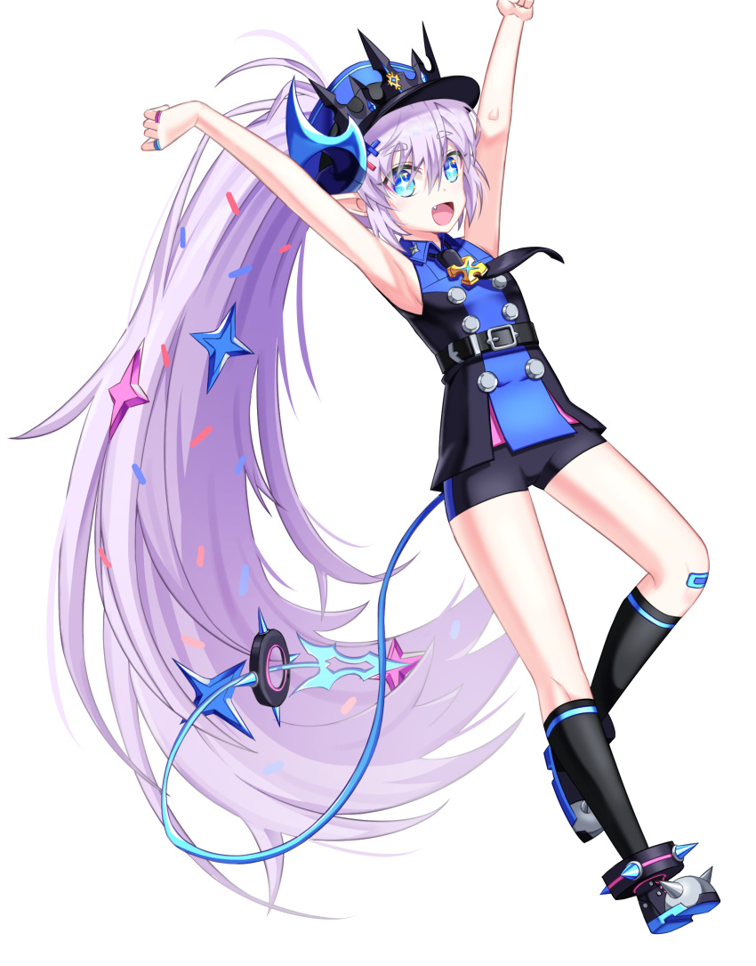 1girl :d absurdres armpits arms_up black_legwear black_neckwear black_shorts blue_eyes cookiegoon elsword eyebrows_visible_through_hair fang flat_chest floating_hair full_body hair_between_eyes high_ponytail highres kneehighs long_hair luciela_r._sourcream necktie open_mouth outstretched_arms short_shorts shorts silver_hair simple_background sleeveless_jacket smile solo star star-shaped_pupils symbol-shaped_pupils tail very_long_hair white_background wing_collar