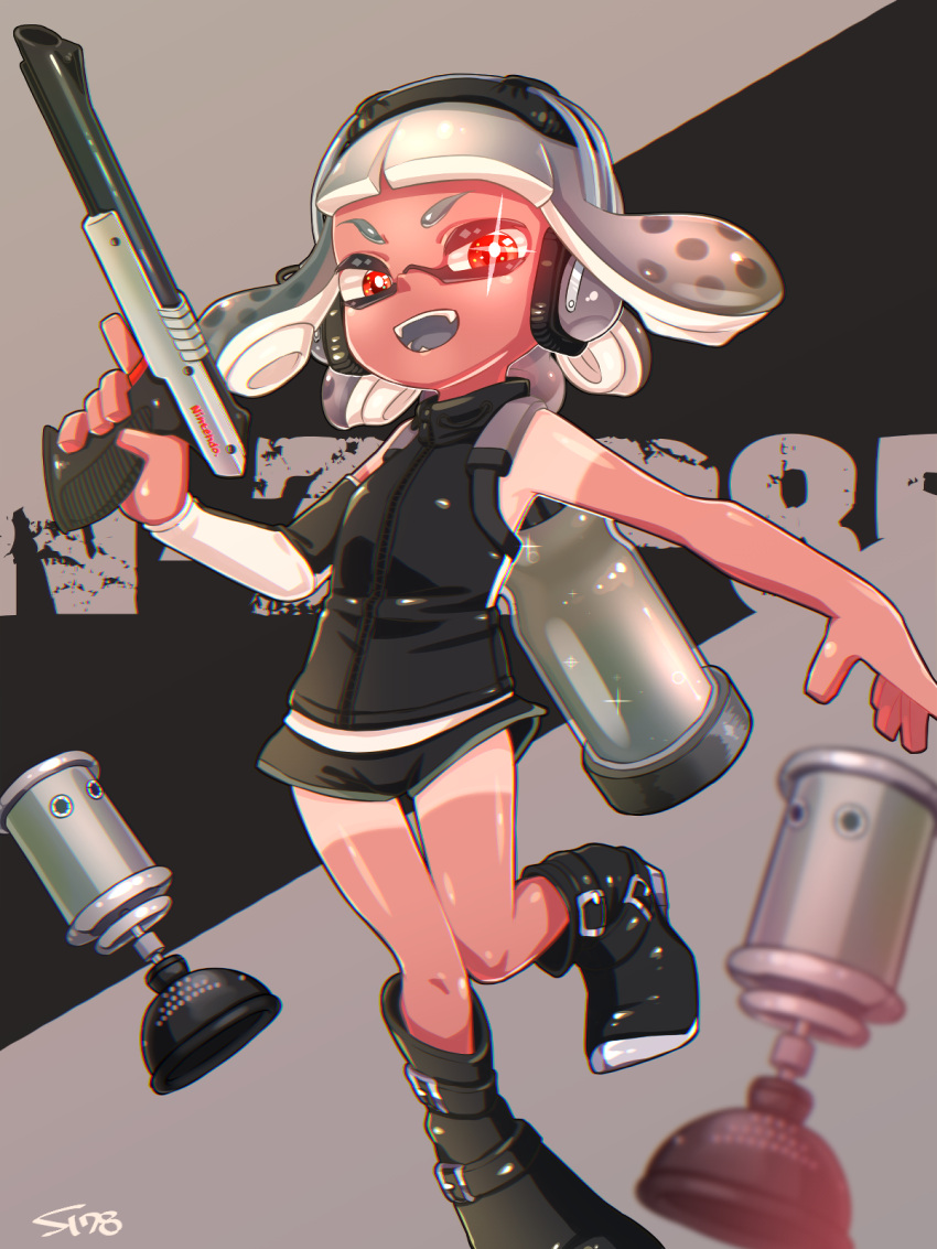 1girl artist_name bangs black_footwear black_shirt black_shorts blunt_bangs blurry_foreground boots burst_bomb_(splatoon) commentary detached_sleeves domino_mask english_commentary english_text full_body grey_hair gym_shorts headphones highres holding holding_weapon inaba_shounosuke ink_tank_(splatoon) inkling logo looking_at_viewer mask n-zap_(splatoon) nintendo open_mouth red_eyes shirt short_hair short_shorts shorts signature sleeveless sleeveless_shirt smile solo sparkle sparkling_eyes splatoon_(series) splatoon_2 standing standing_on_one_leg tan tanline tentacle_hair weapon