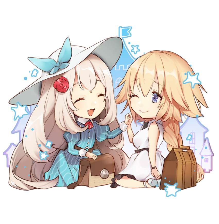 2girls :d ^_^ alternate_costume alternate_hairstyle bag belt blonde_hair blue_dress blue_ribbon bracelet braid chibi closed_eyes dress eyebrows_visible_through_hair fate/apocrypha fate/grand_order fate_(series) flower hair_down hair_flower hair_ornament hat hat_ribbon highres holding_hands jeanne_d'arc_(fate) jeanne_d'arc_(fate)_(all) jewelry juliet_sleeves long_hair long_sleeves marie_antoinette_(fate/grand_order) multiple_girls no-kan one_eye_closed open_mouth puffy_sleeves red_flower red_rose ribbon rose sandals silver_hair simple_background sitting sleeveless sleeveless_dress smile striped striped_dress sun_hat vertical-striped_dress vertical_stripes violet_eyes white_background white_dress white_footwear white_headwear yuri