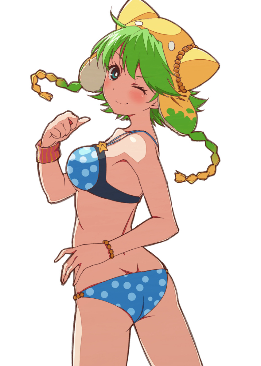 1girl ;) absurdres animal_ears animal_hat ass bare_shoulders bikini blue_bikini blue_eyes blush breasts closed_mouth copyright_request fake_animal_ears green_hair hand_up hat highres long_hair looking_at_viewer looking_back medium_breasts nyama one_eye_closed pointing pointing_at_self polka_dot polka_dot_bikini simple_background smile solo star swimsuit white_background yellow_headwear