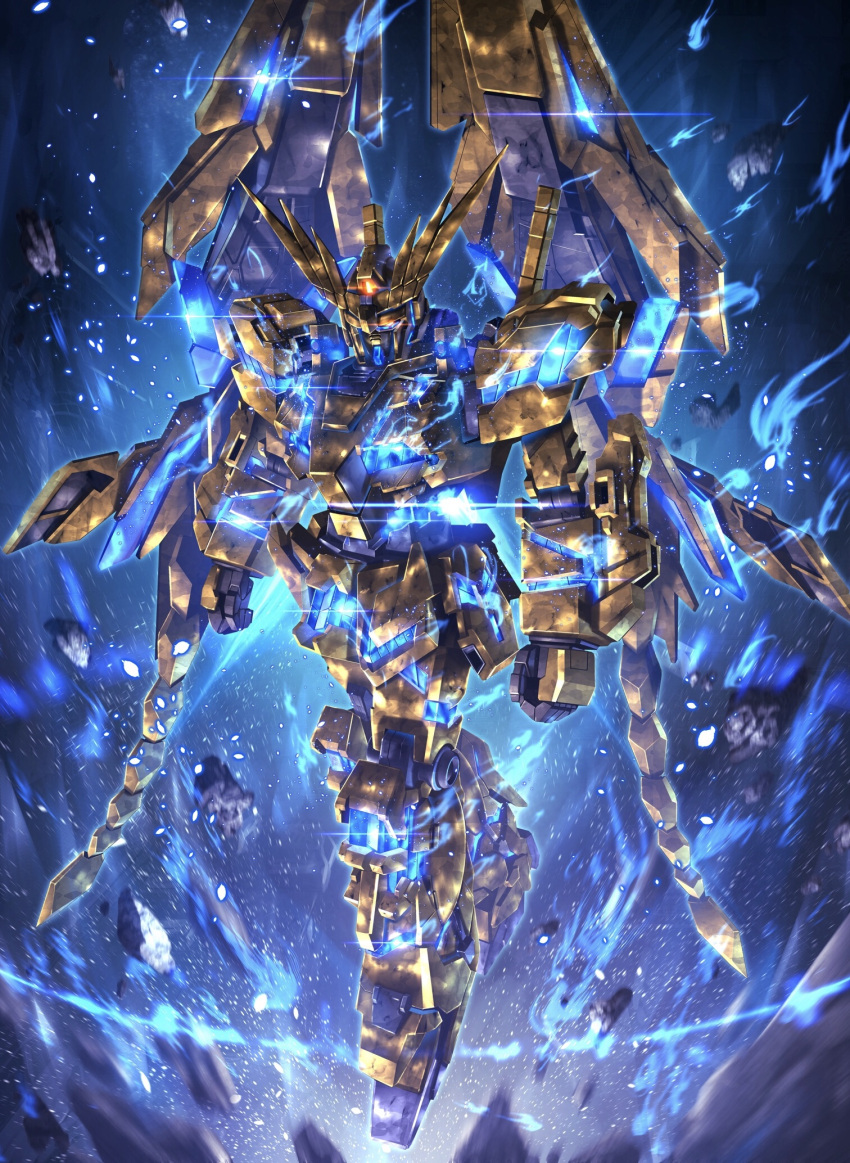 aura glowing glowing_eyes gold_armor gundam gundam_narrative highres mecha no_humans nt-d raruru shield unicorn_gundam_phenex