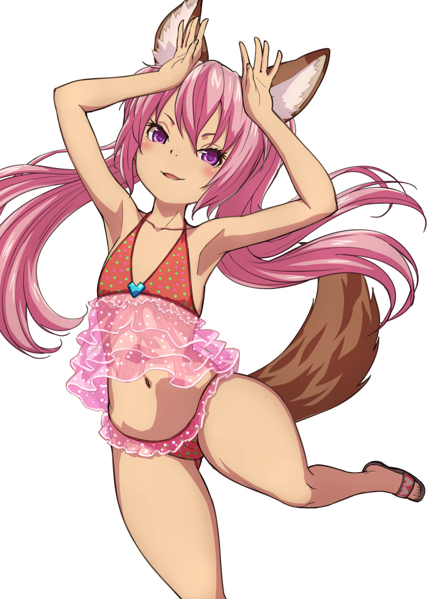 1girl absurdres animal_ear_fluff animal_ears armpits arms_up bangs bare_arms bare_shoulders bikini brown_footwear collarbone commentary_request elin_(tera) hair_between_eyes heart highres long_hair multicolored multicolored_polka_dots navel nyama parted_lips pink_hair polka_dot polka_dot_bikini red_bikini sandals see-through simple_background solo standing standing_on_one_leg swimsuit tail tail_raised tera_online twintails v-shaped_eyebrows very_long_hair violet_eyes white_background