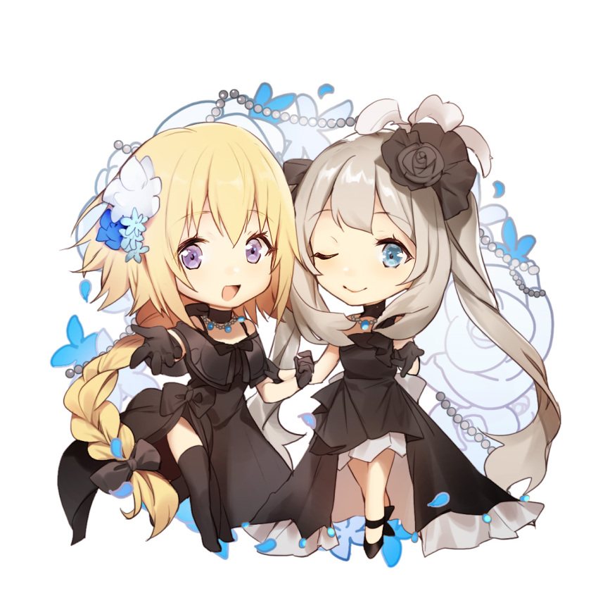 :d ;) alternate_costume ankle_ribbon bare_legs bare_shoulders black_bow black_dress black_footwear black_gloves black_legwear black_ribbon blonde_hair blue_eyes bow braid chibi dress fate/apocrypha fate/grand_order fate_(series) flower formal gloves hair_flower hair_ornament hair_ribbon hand_on_another's_arm highres jeanne_d'arc_(fate) jeanne_d'arc_(fate)_(all) jewelry long_hair looking_at_viewer marie_antoinette_(fate/grand_order) neck_ribbon necklace no-kan off_shoulder one_eye_closed open_mouth outstretched_hand reaching ribbon side_slit silver_hair simple_background sleeveless sleeveless_dress smile thigh-highs twintails violet_eyes white_background zettai_ryouiki