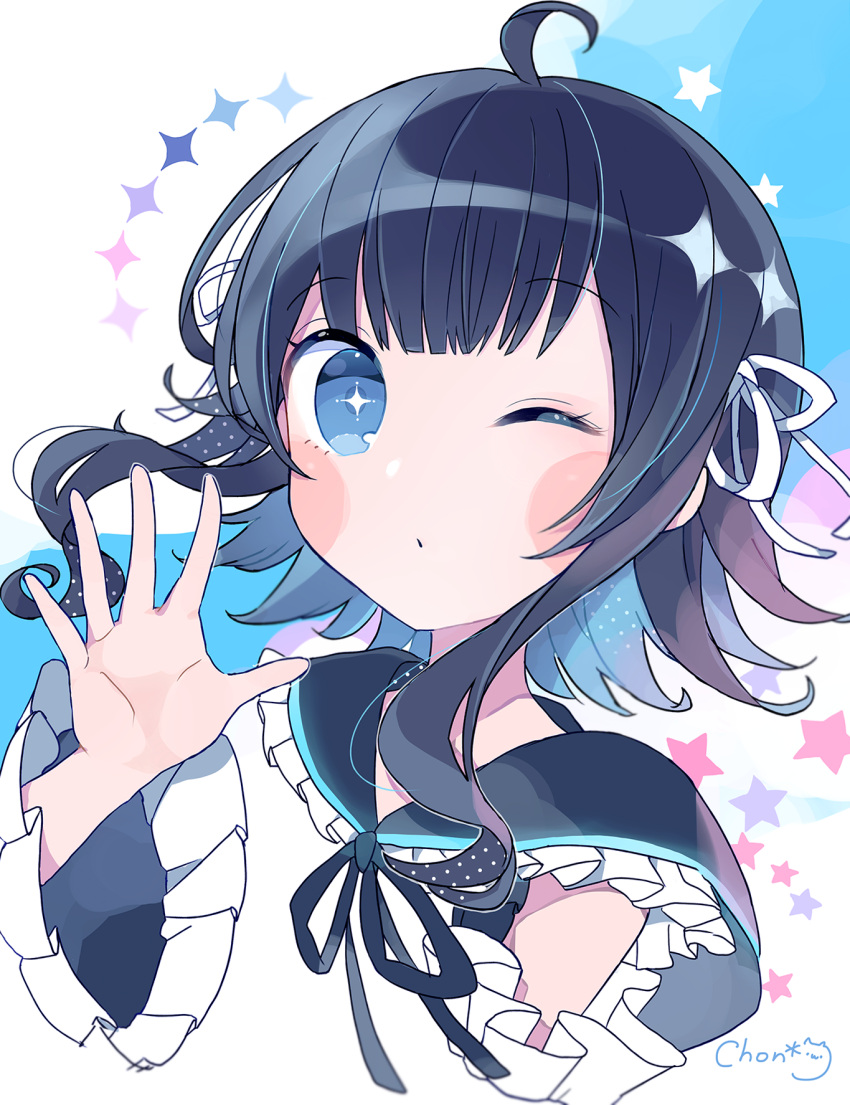 +_+ 1girl ahoge black_hair black_ribbon black_sailor_collar blue_eyes blue_hair blush_stickers character_request chon_(chon33v) closed_mouth commentary_request flipped_hair hair_ribbon hand_up highres iriam long_hair long_sleeves multicolored_hair one_eye_closed ribbon sailor_collar shirt sidelocks signature solo sparkle star two-tone_hair virtual_youtuber white_ribbon white_shirt wide_sleeves