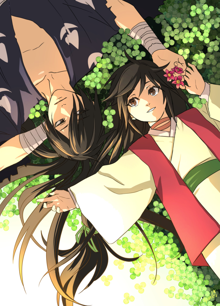 1boy 1girl absurdres artist_name bandaged_arm bandages black_hair brown_eyes clover collarbone dororo_(character) dororo_(tezuka) flower from_above hair_over_one_eye highres hyakkimaru_(dororo) japanese_clothes kurokiseow long_hair lying older on_back wide_sleeves