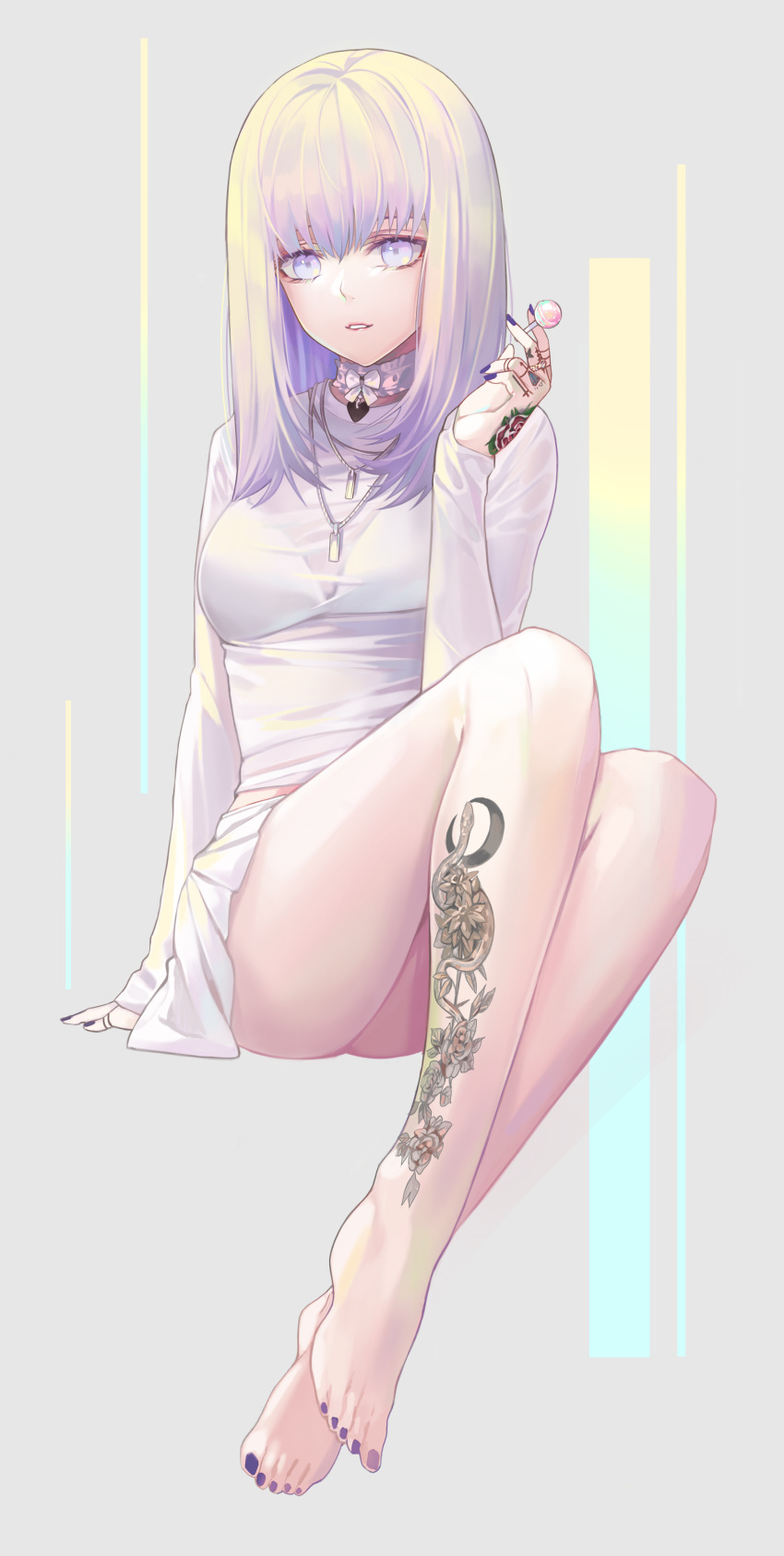 1girl absurdres arm_support bad_id bad_pixiv_id bangs barefoot bra bra_through_clothes breasts candy choker diamond_ring food full_body grey_background highres holding holding_food huyou_(awegk) jewelry leg_tattoo lollipop long_hair long_sleeves looking_at_viewer medium_breasts necklace original parted_lips purple_nails shirt sidelocks simple_background sitting skirt tattoo thighs underwear violet_eyes white_bra white_choker white_hair white_shirt white_skirt