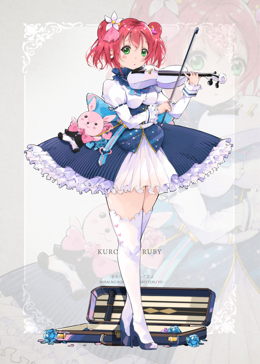 1girl :o bangs blouse blue_flower blue_footwear blush bow bowtie breasts case character_name corset earrings flower frilled_skirt frills green_eyes hair_between_eyes hair_ornament heart high_heels highres holding holding_instrument instrument jewelry kurosawa_ruby long_sleeves looking_at_viewer love_live! love_live!_sunshine!! medium_breasts open_mouth qianqian ribbon_trim sidelocks skirt stuffed_animal stuffed_bunny stuffed_toy thigh-highs thighs twintails violin white_flower white_legwear