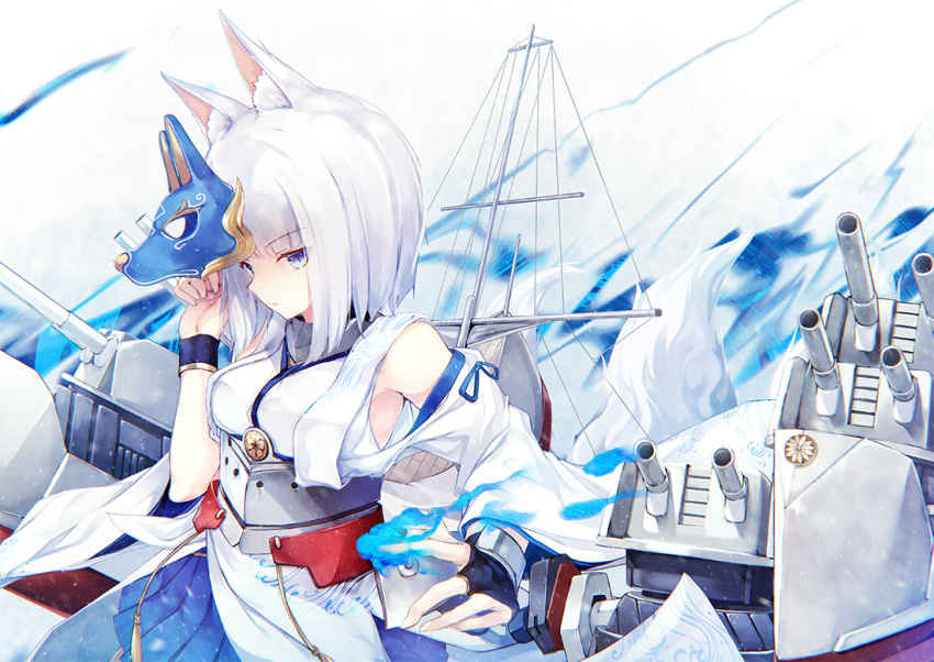 1girl animal_ears azur_lane bangs blue_eyes blunt_bangs eyeshadow fox_ears fox_mask fox_tail hakama_skirt japanese_clothes kaga_(azur_lane) kaga_(battleship)_(azur_lane) kimono kurenai_musume makeup mask rigging short_hair solo tail white_hair wide_sleeves