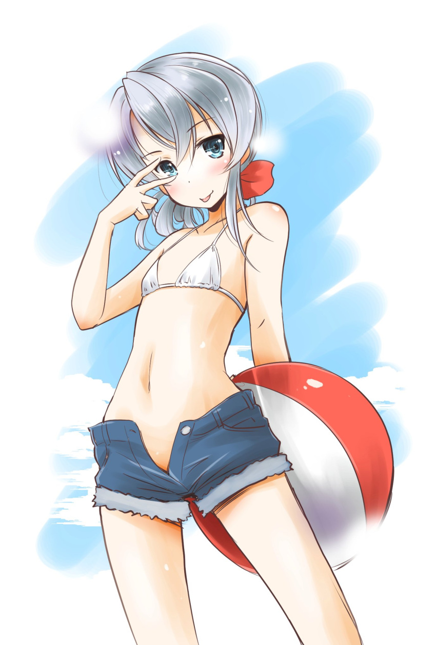 1girl alternate_costume ball bare_shoulders beachball blue_eyes grey_hair hair_ribbon highres kantai_collection long_hair navel no_shirt nowaki_(kantai_collection) ribbon smile solo taisinkoku tongue tongue_out v_over_eye white_bikini_top