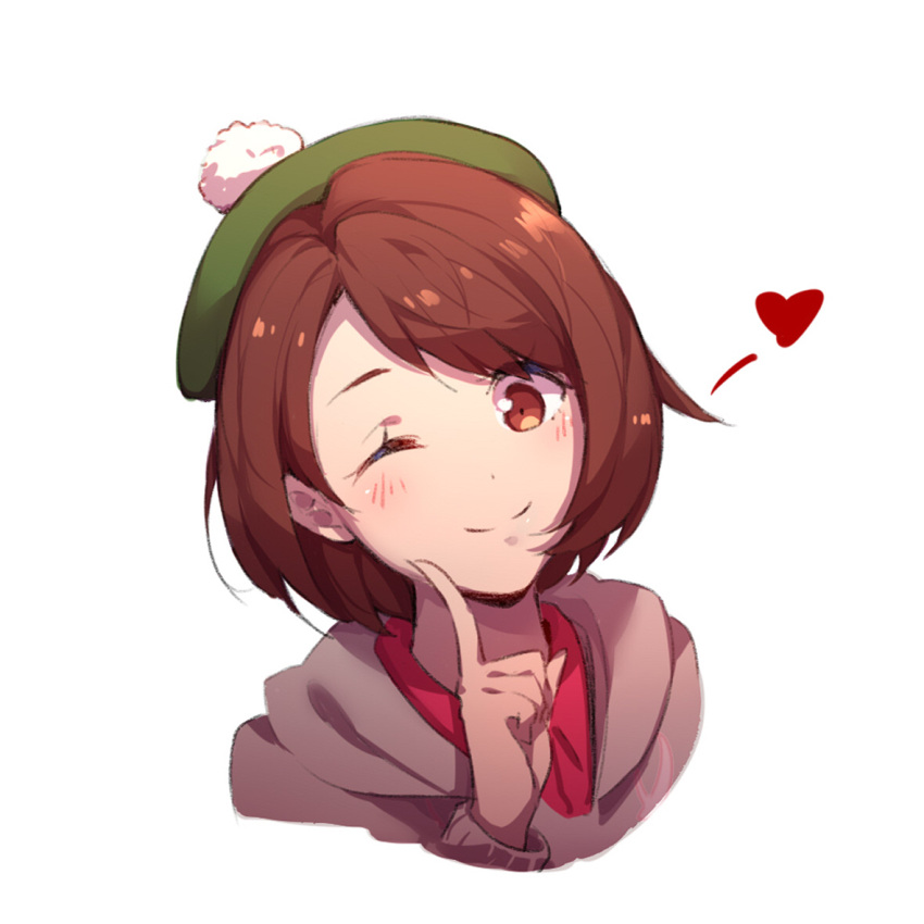 1girl blush brown_eyes brown_hair commentary_request face female_protagonist_(pokemon_swsh) green_headwear hat heart jacket long_sleeves looking_at_viewer medium_hair one_eye_closed pokemon simple_background smile white_background yumuto_(spring1786)