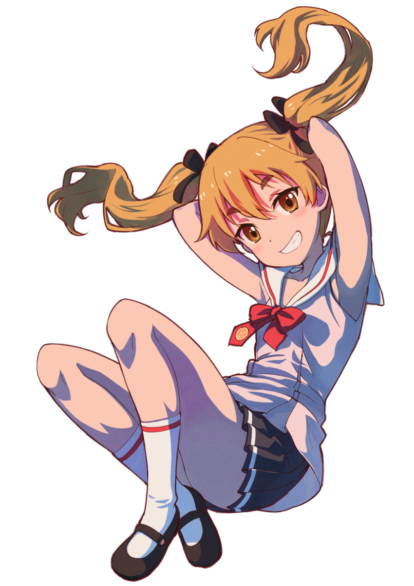 1girl absurdres armpits arms_behind_head arms_up bangs bare_arms bare_shoulders black_bow black_footwear black_ribbon black_skirt blonde_hair blush bow brown_eyes eyebrows_visible_through_hair grin hair_between_eyes hair_bow hair_ribbon highres hikaru_(houkago_no_pleiades) houkago_no_pleiades mary_janes nyama orange_eyes orange_hair pentagram pink_shirt pleated_skirt red_bow red_ribbon ribbon school_uniform serafuku shirt shoes simple_background single_stripe skirt sleeveless sleeveless_shirt smile socks thick_eyebrows twintails white_background white_legwear