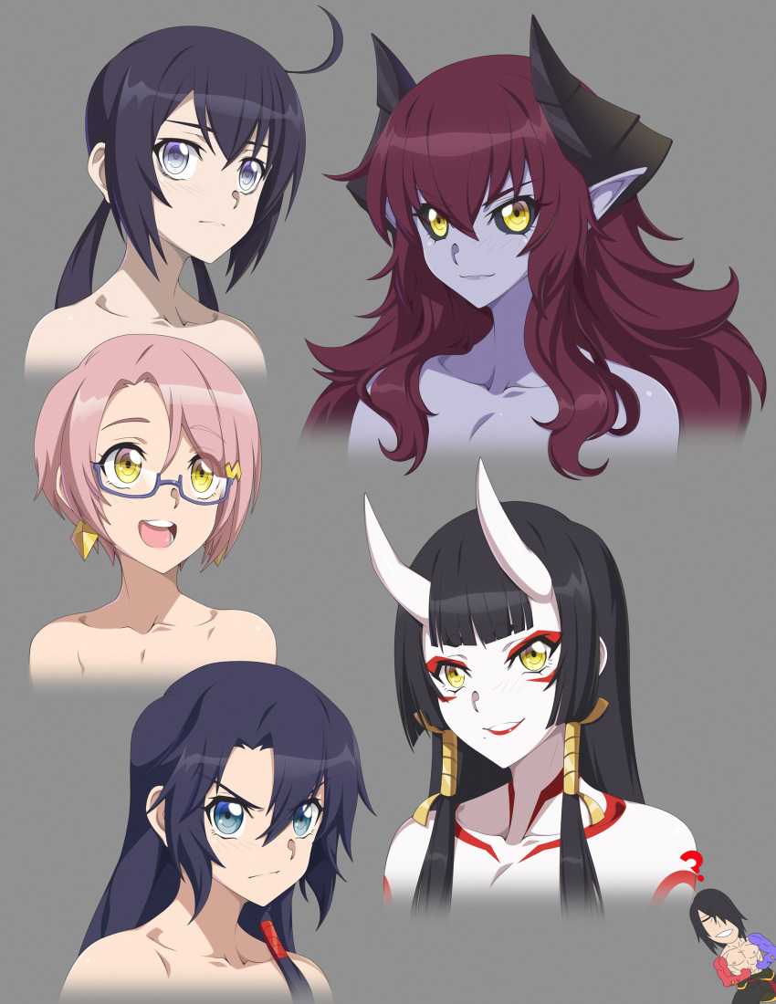 5girls :d ? absurdres bangs black_hair black_sclera blue-framed_eyewear blue_eyes blue_hair blunt_bangs brown_hair chuunioniika collarbone commentary demon_horns earrings english_commentary eyebrows_visible_through_hair frown glasses grey_background hair_between_eyes hair_ornament hair_tubes hairclip highres horns jewelry lipstick long_hair low_twintails makeup mole mole_under_mouth multiple_girls oni_horns open_mouth original pale_skin parted_lips pink_hair pointy_ears purple_skin round_teeth semi-rimless_eyewear short_hair simple_background smile tattoo teeth twintails under-rim_eyewear upper_teeth v-shaped_eyebrows yellow_eyes