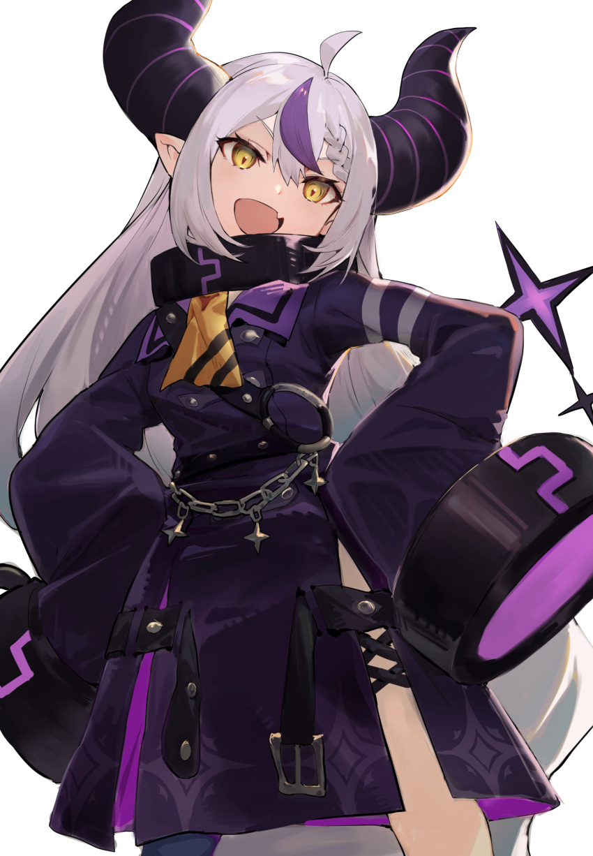 1girl ahoge ascot belt black_belt braid chain coat collar collared_coat demon_girl demon_horns english_commentary fang hands_on_hips highres hololive horns la+_darknesss long_hair long_sleeves looking_at_viewer metal_collar multicolored_hair o-ring_belt open_mouth pointy_ears purple_coat purple_legwear silver_hair simple_background skin_fang sleeves_past_fingers sleeves_past_wrists solo streaked_hair striped_horns tsuiru very_long_hair virtual_youtuber white_background yellow_ascot yellow_eyes