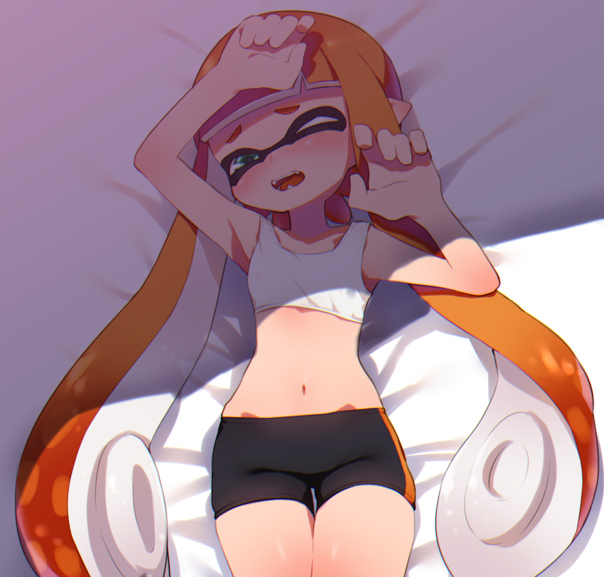 1girl arm_up bangs bed_sheet bike_shorts black_shorts blue_eyes blunt_bangs blush breasts busujima_funya commentary domino_mask fangs from_above half-closed_eye highres inkling long_hair looking_at_viewer lying mask navel on_back on_bed one_eye_closed orange_hair pointy_ears shade short_shorts shorts single_vertical_stripe small_breasts solo splatoon_(series) splatoon_1 tentacle_hair thigh_gap thighs very_long_hair white_sports_bra