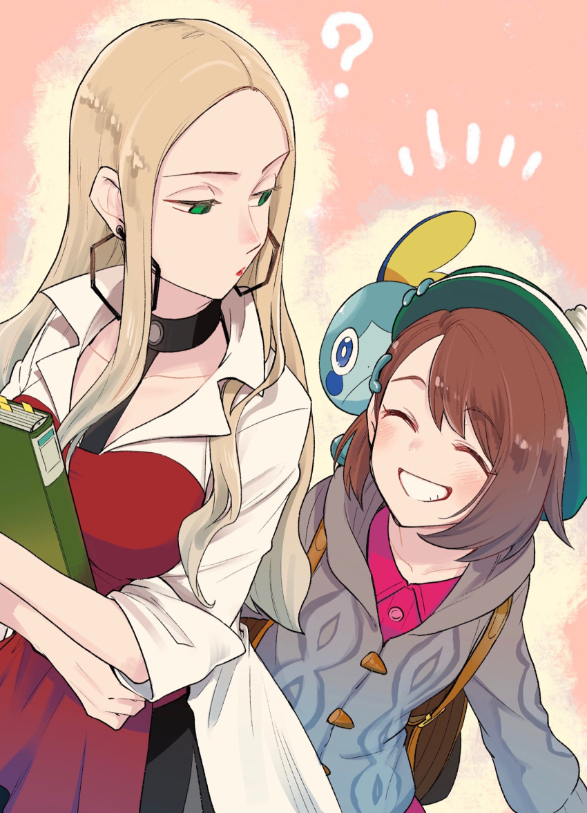 2girls ? bag bangs blonde_hair breasts brown_hair cardigan closed_eyes dress earrings female_protagonist_(pokemon_swsh) gen_8_pokemon green_eyes green_headwear grey_cardigan hat highres hoop_earrings jewelry kyouno long_hair long_sleeves makeup multiple_girls olive_(pokemon) open_mouth pokemon pokemon_(creature) pokemon_(game) pokemon_swsh red_nails shirt short_hair smile sobble tam_o'_shanter white_coat