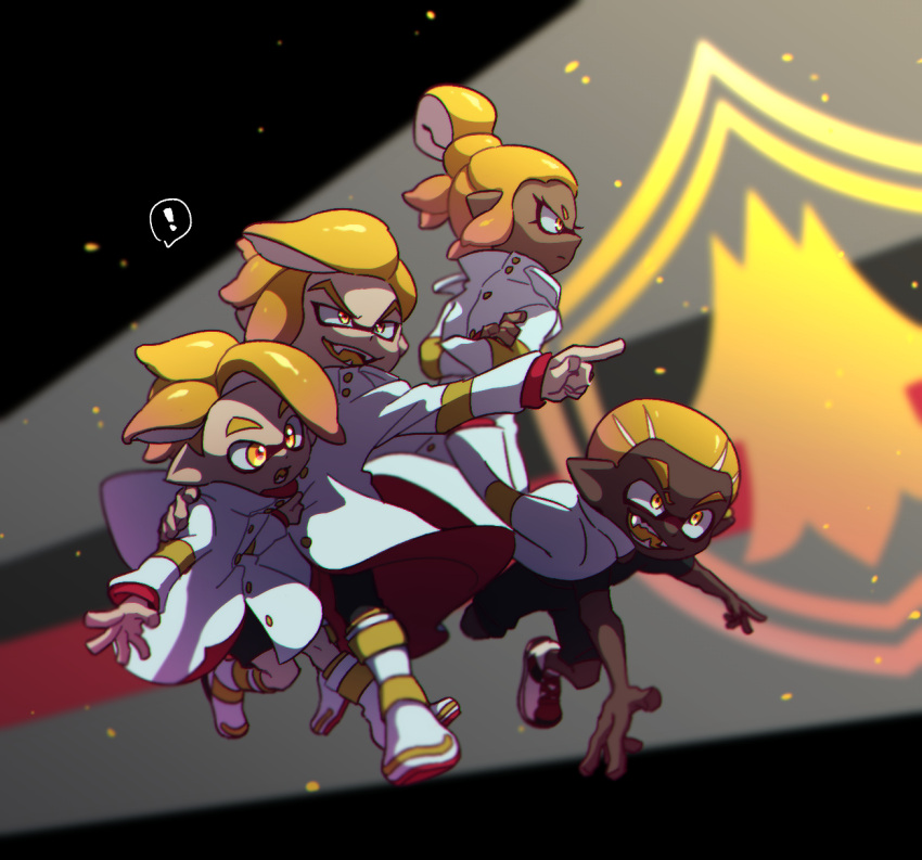 ! 1girl 3boys black_pants black_shirt black_shorts blurry blurry_background boots closed_mouth commentary crossed_arms dark_skin depth_of_field domino_mask emblem emperor_(splatoon) fangs frown hand_on_another's_back highres inkling jacket_on_shoulders leaning_forward long_sleeves mask multiple_boys n-pacer_(splatoon) open_mouth orange_eyes orange_hair orange_tongue pants pointing pointy_ears ponytail prince_(splatoon) running shirt shoes shorts smirk sneakers splatoon_(manga) splatoon_(series) spoken_exclamation_mark squidkid_jr. standing tentacle_hair ukata uniform v-shaped_eyebrows white_coat white_footwear
