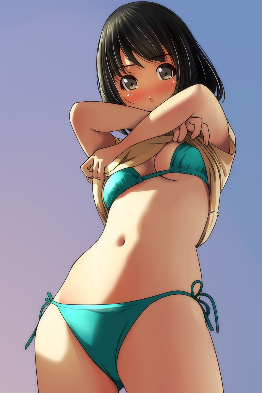 1girl absurdres aqua_bikini bangs bikini bikini_under_clothes black_hair blue_background blush breasts brown_shirt covered_mouth eyebrows_visible_through_hair fingernails gradient gradient_background highres looking_at_viewer matsunaga_kouyou medium_breasts navel nose_blush original purple_background shirt short_sleeves side-tie_bikini solo swimsuit undressing