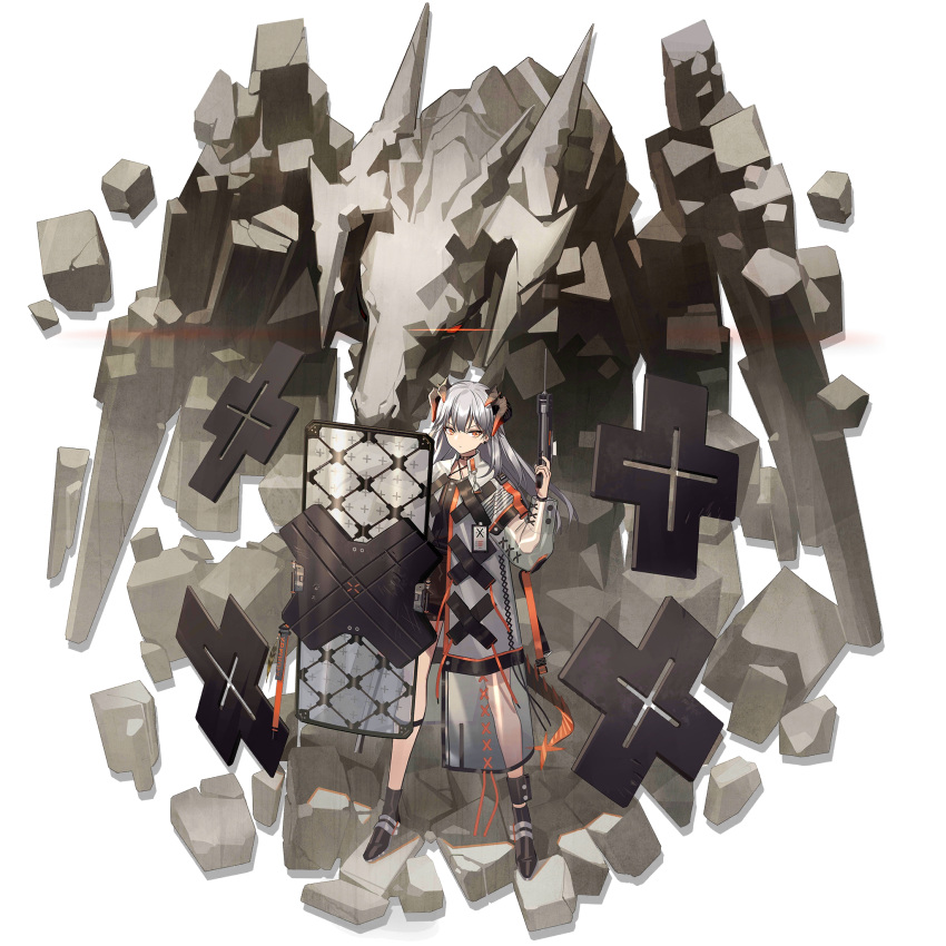 1girl ankle_strap arknights bangs black_choker black_dress black_footwear boots breasts choker coat dragon_horns dragon_tail dress earrings elite_ii_(arknights) expressionless full_body grey_hair gun head_tilt highres holding holding_gun holding_shield holding_weapon horns jewelry long_hair long_sleeves looking_at_viewer multicolored_coat norizc official_art open_clothes open_coat orange_eyes saria_(arknights) shield short_dress sidelocks small_breasts snap-fit_buckle solo tachi-e tail transparent_background trench_coat weapon