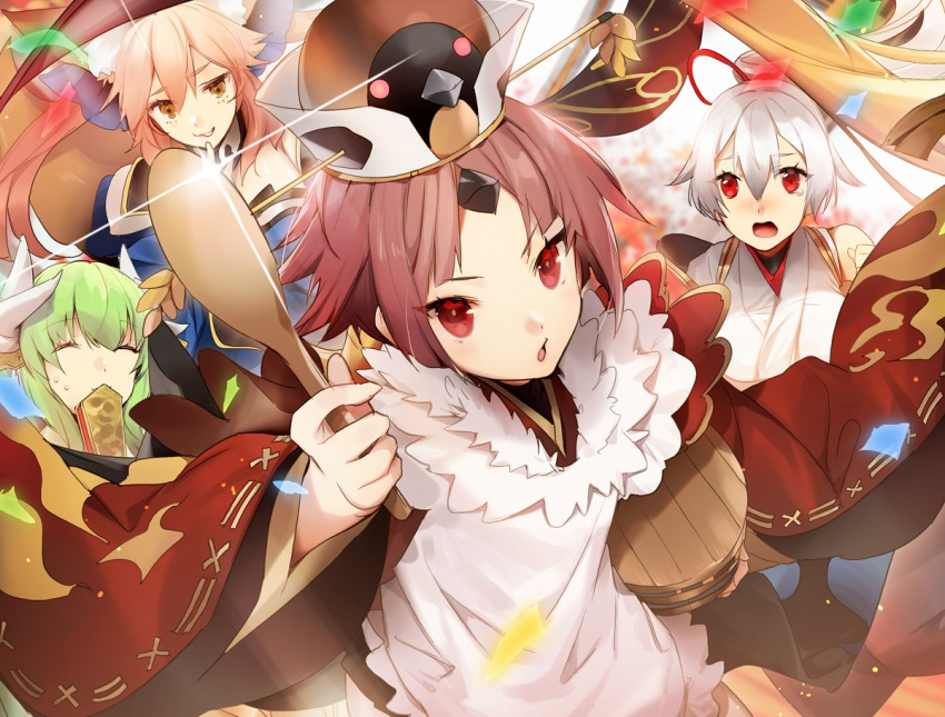 4girls :o ^_^ animal_ears apron bare_shoulders benienma_(fate/grand_order) blue_bow bow bucket closed_eyes covering_mouth fan fan_to_mouth fate/extra fate/grand_order fate_(series) fox_ears green_hair grin hair_bow hat high_ponytail holding holding_bucket holding_spoon horns japanese_clothes kiyohime_(fate/grand_order) long_hair long_sleeves looking_at_viewer multiple_girls no-kan open_mouth pink_hair ponytail red_eyes redhead smile spoon sweat tamamo_(fate)_(all) tamamo_no_mae_(fate) tearing_up tomoe_gozen_(fate/grand_order) twintails white_apron white_hair white_horns wide_sleeves wooden_bucket wooden_spoon yellow_eyes