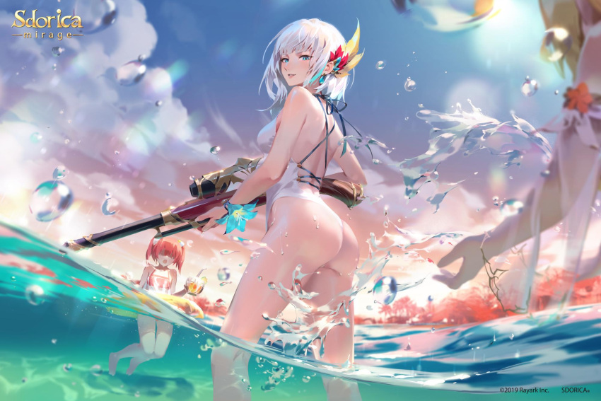 2girls 3girls alternate_costume aqua_eyes armlet ass bangs bare_shoulders bikini blonde_hair blue_eyes blue_hair blue_sky breasts clouds cup day flower gun hair_flower hair_ornament highres holding holding_cup holding_gun holding_weapon logo long_hair looking_at_viewer medium_breasts multiple_girls official_art one-piece_swimsuit outdoors parted_lips pink_bikini pink_hair rifle sdorica_-sunset- sharice_(sdorica_-sunset-) sione_aldric sky splashing swimsuit twintails wading water_drop watermark weapon white_hair white_swimsuit