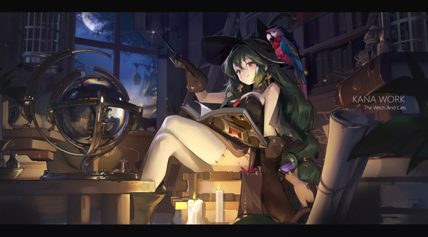 1girl artist_name bird black_headwear blush book_stack bookshelf breasts brown_gloves candle cat closed_mouth cross cross_earrings crossed_legs earrings globe gloves green_hair hat highres holding holding_wand indoors jewelry ladder large_breasts looking_at_viewer night original parrot red_eyes sitting smile solo table thigh-highs tracyton wand white_legwear