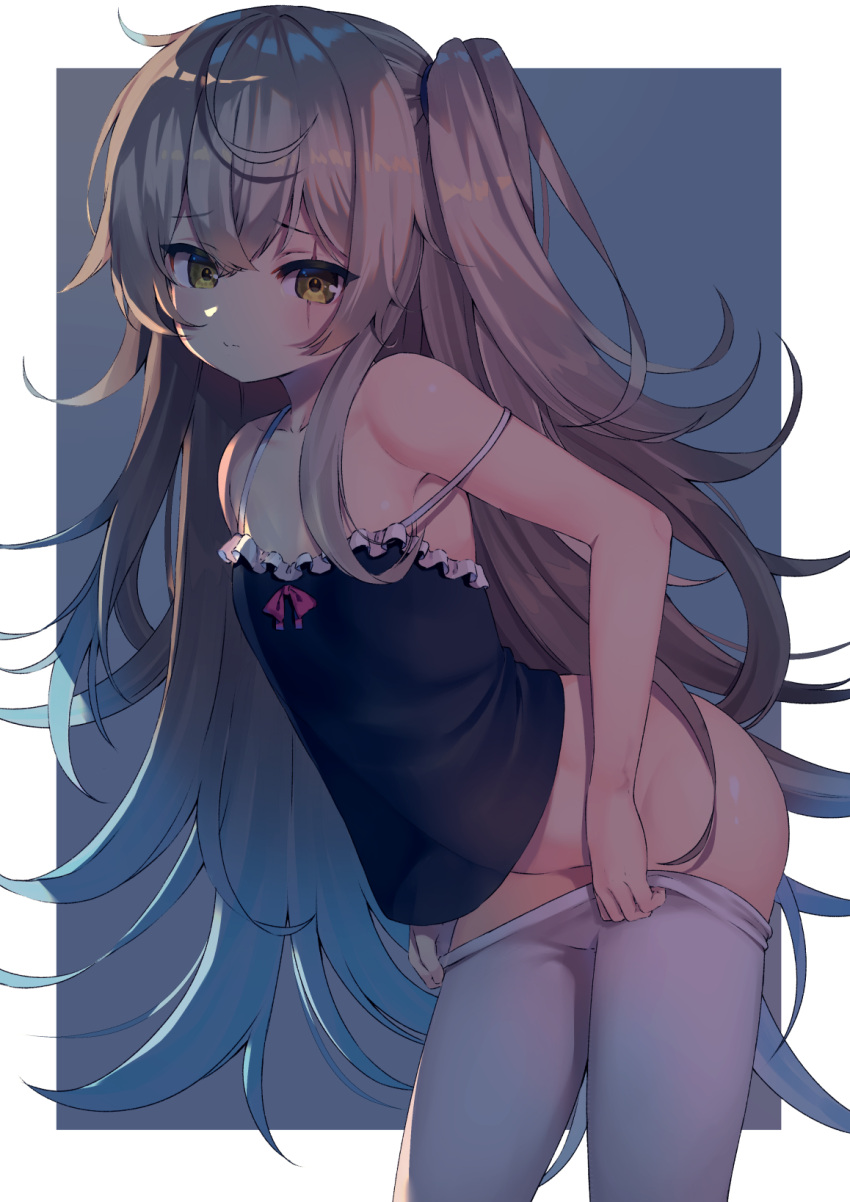 1girl arched_back backlighting bangs bare_arms bare_shoulders black_camisole blush bow brown_eyes brown_hair camisole closed_mouth commentary_request eyebrows_visible_through_hair frilled_camisole frills girls_frontline groin hair_between_eyes highres leaning_forward long_hair looking_at_viewer no_panties one_side_up pantyhose pantyhose_pull rangen red_bow scar scar_across_eye solo ump45_(girls_frontline) very_long_hair white_legwear