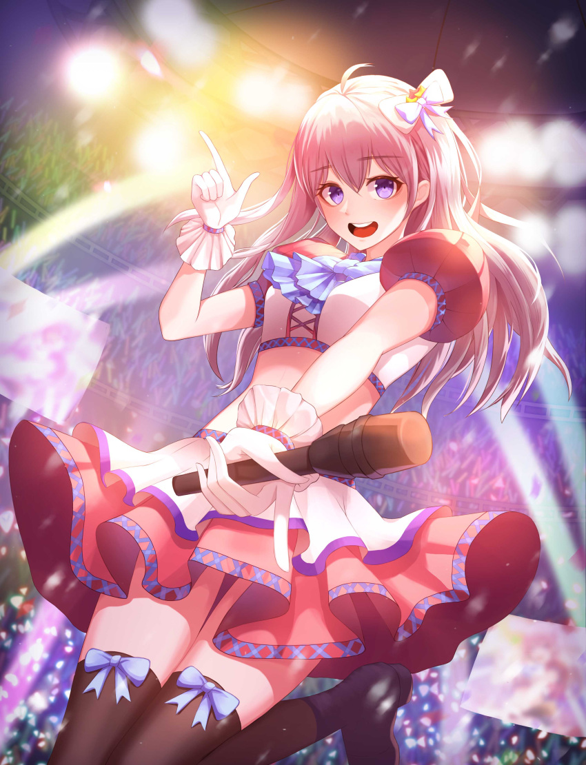 1girl absurdres ahoge black_legwear blue_eyes bow breasts eyebrows_visible_through_hair gloves glowstick hair_bow highres holding holding_microphone idol indoors long_hair microphone nani_(goodrich) open_mouth original pink_hair pink_skirt puffy_short_sleeves puffy_sleeves short_sleeves skirt small_breasts smile standing white_gloves white_skirt