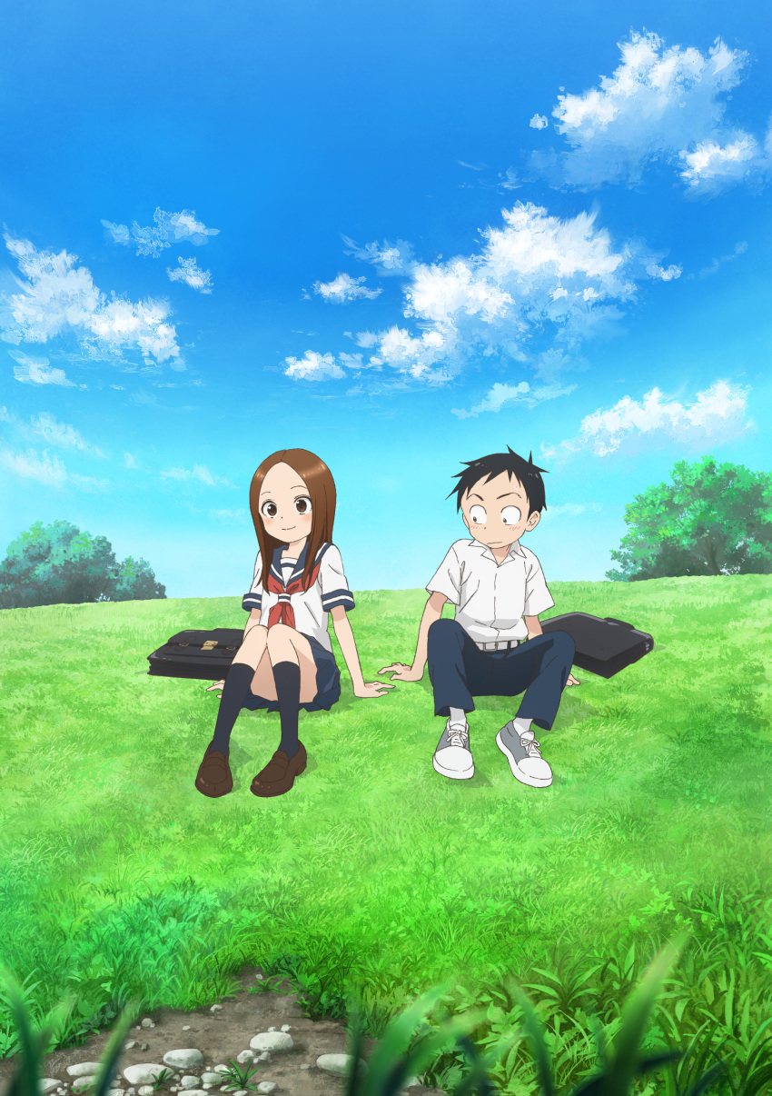 1boy 1girl absurdres bangs blue_skirt blue_sky brown_eyes brown_footwear brown_hair closed_mouth clouds cloudy_sky forehead grass grey_footwear highres hill karakai_jouzu_no_takagi-san key_visual loafers long_hair neckerchief nishikata official_art outdoors parted_bangs pleated_skirt red_neckwear sailor_collar school_uniform serafuku shirt shoes sitting skirt sky smile sneakers takagi-san tree white_shirt