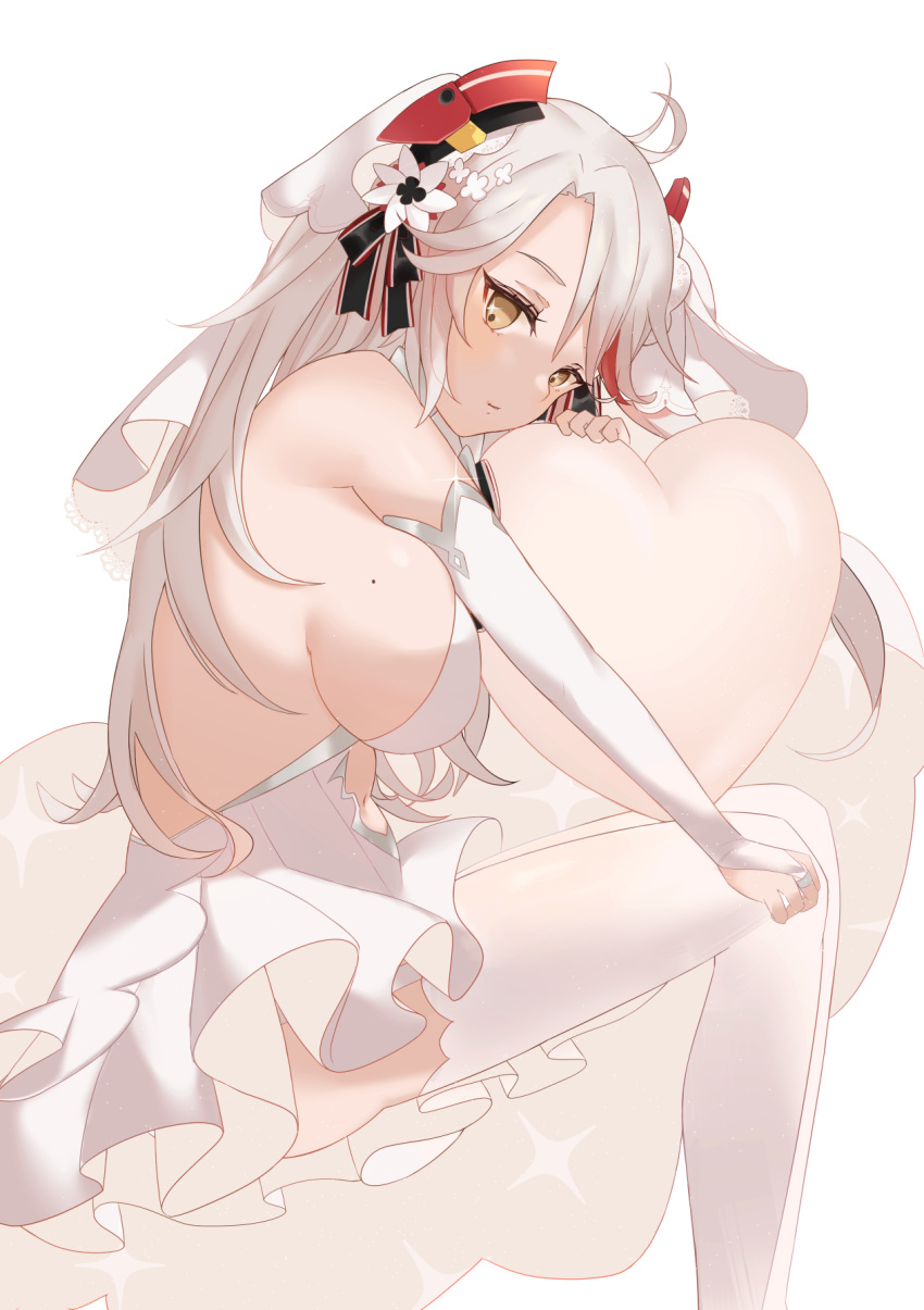 1girl ahoge azur_lane backless_dress backless_outfit bare_shoulders breasts bridal_gauntlets bride commentary_request detached_sleeves dress flower frilled_skirt frills from_side hair_flower hair_ornament headgear heart highres inanami large_breasts long_hair looking_at_viewer mole mole_on_breast navel navel_cutout prinz_eugen_(azur_lane) prinz_eugen_(symphonic_fate)_(azur_lane) sideboob simple_background skirt solo thigh-highs white_background white_dress white_hair white_legwear yellow_eyes