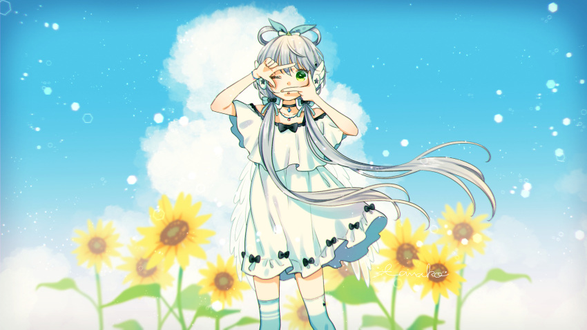 blue_sky clouds commentary cowboy_shot dress dress_bow finger_frame flower frilled_dress frills green_eyes hair_ribbon hair_rings hands_up highres jewelry luo_tianyi mismatched_legwear mizutamako necklace one_eye_closed outdoors parted_lips ribbon short_hair_with_long_locks silver_hair sky star sunflower thigh-highs vocaloid vocanese white_dress wing_ornament