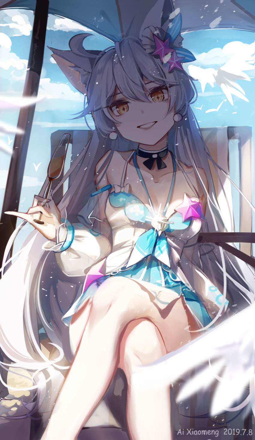 1girl absurdres ahoge ai_xiao_meng animal_ear_fluff animal_ears artist_name bangs bare_shoulders beach_umbrella blue_sky breasts cat_ears choker crossed_legs cup dark_persona dated day dress eyebrows_visible_through_hair hair_between_eyes hair_ornament highres holding holding_cup honkai_(series) honkai_impact_3rd kiana_kaslana kiana_kaslana_(herrscher_of_the_void) light_particles long_hair looking_at_viewer medium_breasts outdoors parted_lips pinky_out sidelocks silver_hair sitting sky solo symbol-shaped_pupils umbrella very_long_hair yellow_eyes