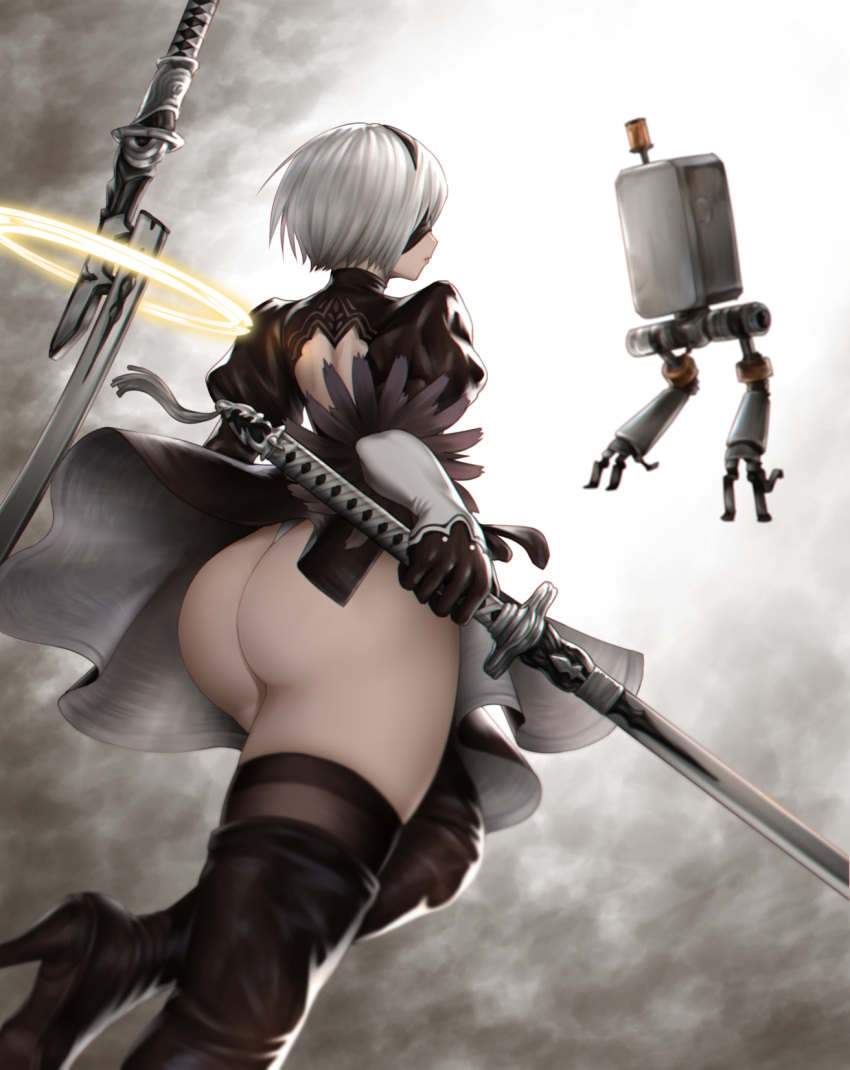 1girl ass bangs black_dress black_footwear black_gloves black_legwear blindfold boots closed_mouth commentary_request dress feather_trim from_behind gloves hairband high_heel_boots high_heels highres holding holding_sword holding_weapon lips long_sleeves nier_(series) nier_automata nyatokanyaru pod_(nier_automata) puffy_sleeves robot short_dress short_hair simple_background solo sword thigh-highs thigh_boots thighs weapon weapon_on_back white_hair yorha_no._2_type_b
