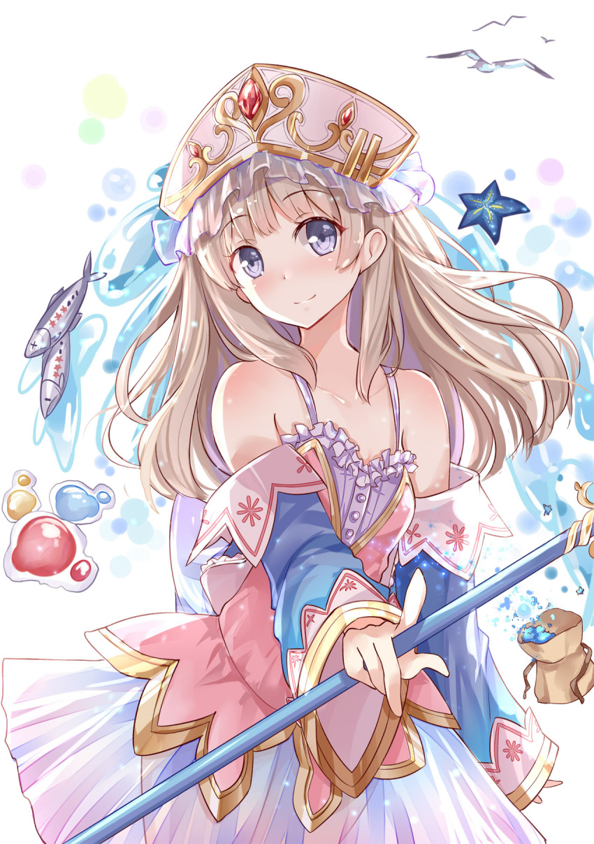 1girl atelier_(series) atelier_totori bag bird brown_hair closed_mouth cowboy_shot fish hat highres holding holding_staff long_hair looking_at_viewer scarlet_dango seagull see-through skirt smile solo staff standing starfish totooria_helmold violet_eyes water