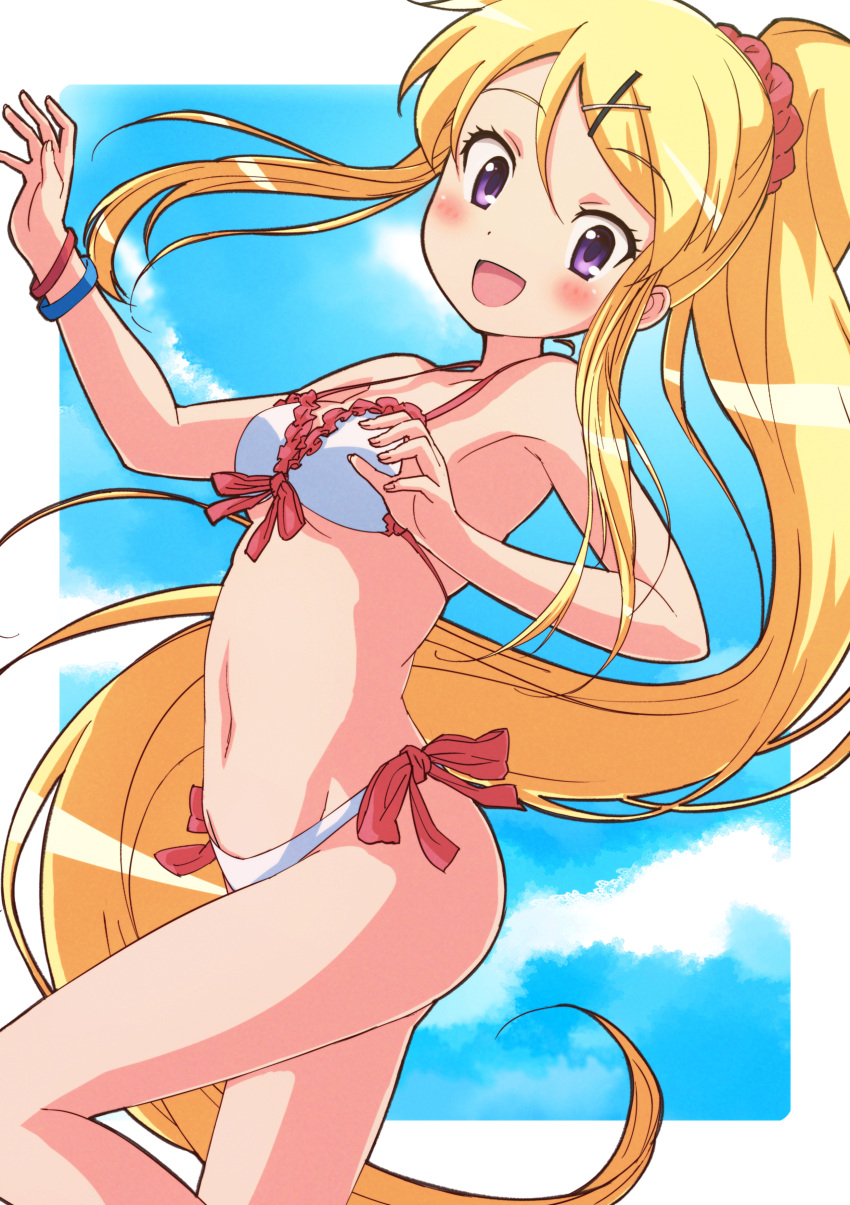 1girl :d absurdres armpits bangs bare_arms bare_shoulders bikini blonde_hair blue_sky blush breasts clouds collarbone day eyebrows_visible_through_hair fingernails frilled_bikini_top frills front-tie_bikini front-tie_top hair_between_eyes hair_ornament hair_scrunchie hairclip hands_up high_ponytail highres kin-iro_mosaic kujou_karen long_hair navel nyama open_mouth pink_scrunchie ponytail scrunchie sky small_breasts smile solo standing standing_on_one_leg swimsuit very_long_hair violet_eyes white_bikini x_hair_ornament
