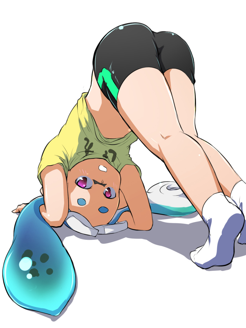 1girl ass bangs bike_shorts black_shorts blue_hair blunt_bangs blush commentary domino_mask from_behind highres inkling kneepits legs looking_at_viewer looking_back mask no_shoes open_mouth pointy_ears shadow shirt shirt_lift short_sleeves shorts simple_background single_vertical_stripe socks solo splatoon_(series) t-shirt tentacle_hair toraneko555 upside-down violet_eyes white_background white_legwear yellow_shirt