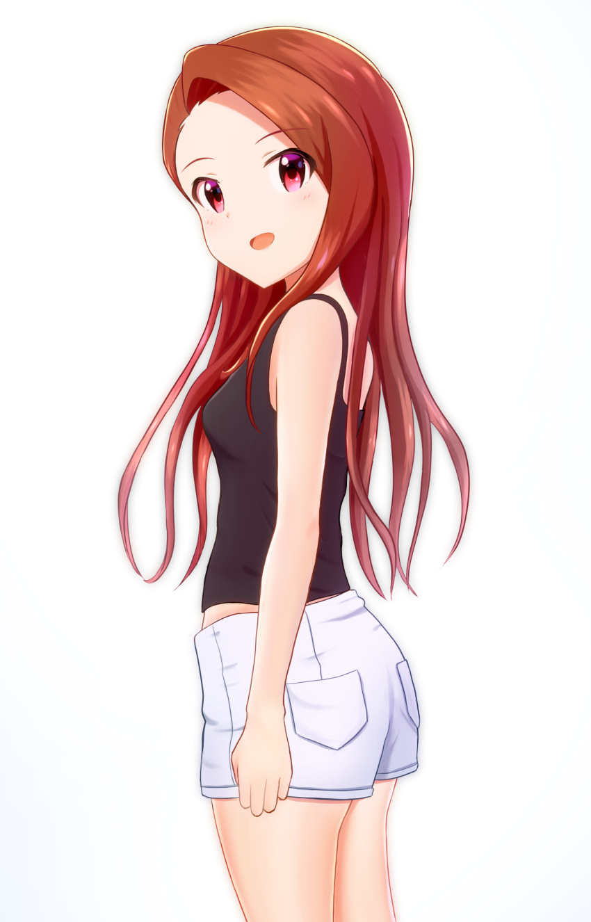 1girl :d black_shirt breasts brown_hair cowboy_shot highres idolmaster idolmaster_(classic) long_hair looking_at_viewer minase_iori open_mouth red_eyes runmo77 shirt short_shorts shorts simple_background sleeveless sleeveless_shirt small_breasts smile solo standing straight_hair very_long_hair white_background white_shorts