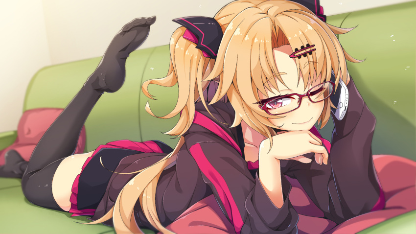 1girl akatsuki_yuni bangs black_jacket black_legwear blonde_hair blurry chin_rest closed_mouth collarbone commentary_request couch depth_of_field feet glasses hair_ornament hairclip hands_up highres holding holding_phone hood hood_down hooded_jacket jacket leg_up long_hair long_sleeves looking_at_viewer lying miniskirt no_shoes ogami_kazuki on_couch on_stomach one_eye_closed parted_bangs phone pillow pink_eyes pink_skirt pleated_skirt red-framed_eyewear skirt smile solo thigh-highs two_side_up uni_channel virtual_youtuber zettai_ryouiki