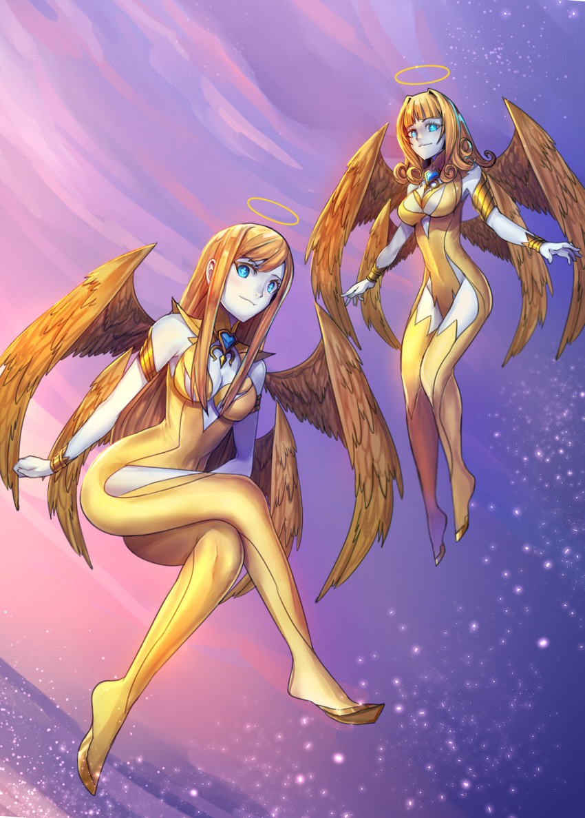 2girls absurdres angel angel_wings armlet blonde_hair blue_eyes bracelet carmilla_(fate/grand_order) chest_jewel colored_eyelashes covered_navel crossed_legs curly_hair eyebrows_visible_through_hair fate/grand_order fate_(series) floating gem hair_intakes halo highres ibenz009 jewelry light_persona long_hair looking_at_viewer medb_(fate)_(all) medb_(fate/grand_order) medium_hair multiple_girls multiple_wings symbol-shaped_pupils transformation white_skin wings