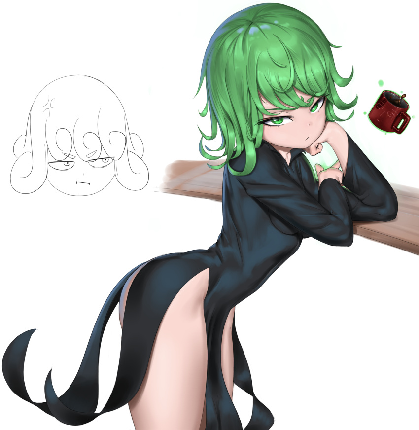 1girl absurdres angry ass black_dress breasts coffee coffee_cup commentary cup curly_hair disposable_cup dress eyebrows_visible_through_hair from_side green_eyes green_hair highres long_sleeves looking_at_viewer multiple_views no_panties one-punch_man short_hair simple_background sketch small_breasts tatsumaki telekinesis user_navy3274 v-shaped_eyebrows white_background