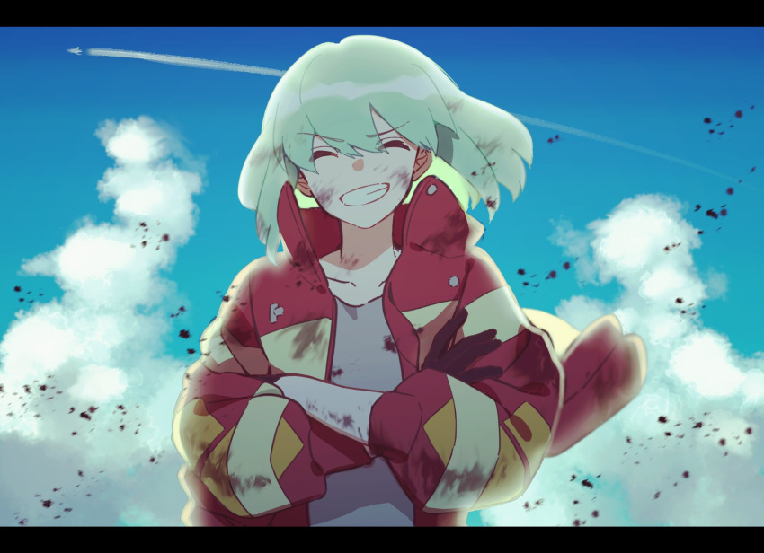 1boy ayame_(3103942) blonde_hair blue_sky clear_sky closed_eyes clouds crossed_arms dirty_face gloves grin highres jacket lio_fotia male_focus promare short_hair sky smile solo teeth