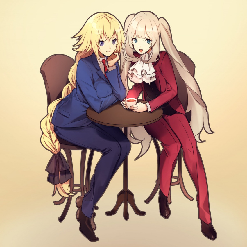 2girls :d black_ribbon black_vest blonde_hair blue_eyes blue_jacket blue_pants blue_suit braid brown_footwear chair chin_rest cosplay cravat cup eyebrows_visible_through_hair fate/apocrypha fate/grand_order fate_(series) formal gyakuten_saiban hair_ribbon hand_on_own_chin highres holding holding_cup jacket jeanne_d'arc_(fate) jeanne_d'arc_(fate)_(all) long_braid long_hair marie_antoinette_(fate/grand_order) mitsurugi_reiji mitsurugi_reiji_(cosplay) multiple_girls naruhodou_ryuuichi naruhodou_ryuuichi_(cosplay) necktie no-kan open_clothes open_jacket open_mouth pants red_jacket red_neckwear red_pants red_suit ribbon shoes silver_hair simple_background sitting smile suit suit_jacket table teacup twintails vest violet_eyes white_neckwear yellow_background