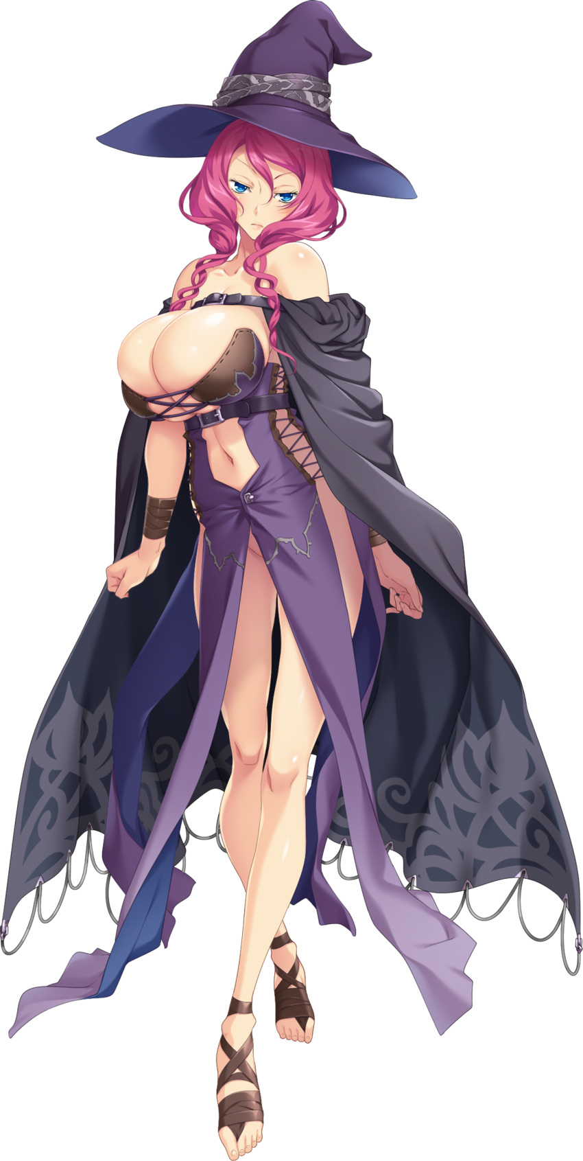 1girl absurdres astrid_flamel blue_eyes breasts full_body hair_over_shoulder hat highres hikage_eiji kuroinu_2 large_breasts long_hair looking_at_viewer navel official_art open_toe_shoes pink_hair serious solo transparent_background witch_hat